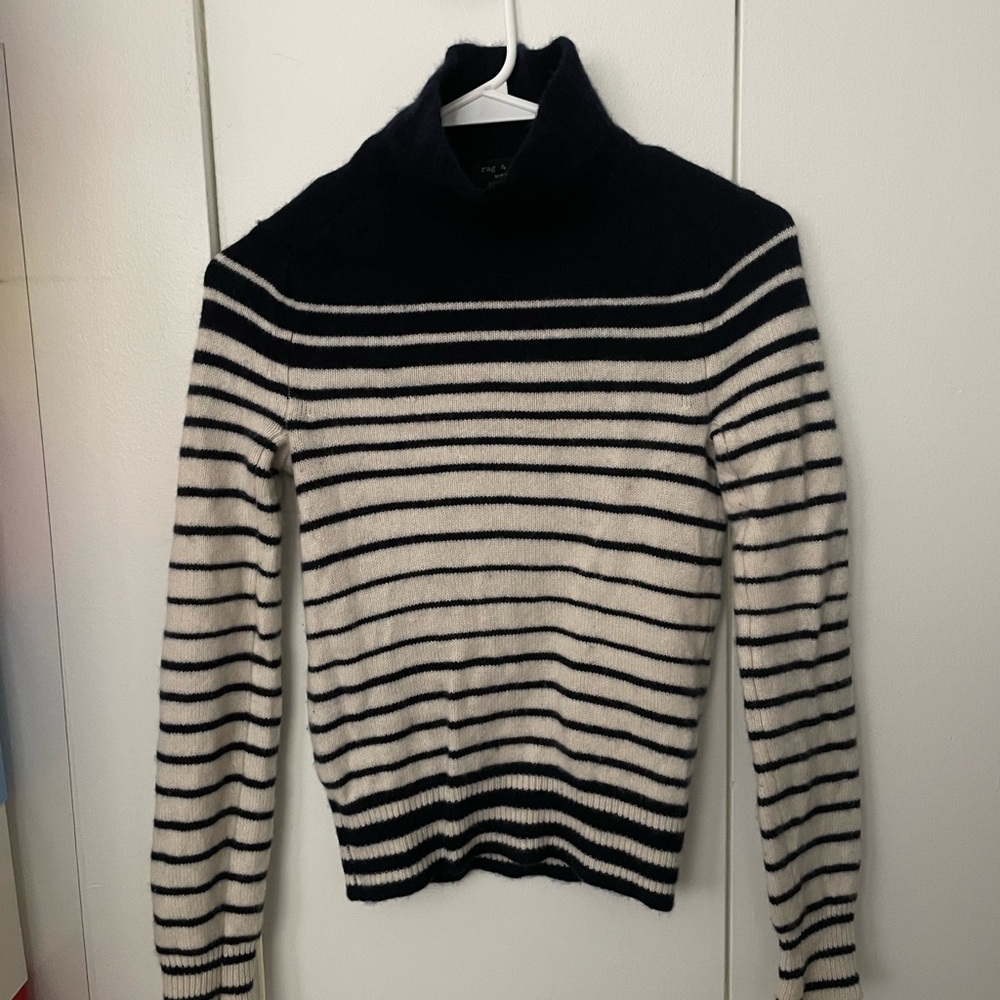 rag & bone Navy and Cream Striped Turtleneck Sweater